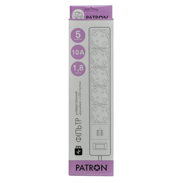 Фільтр мережевий 5 розеток + 2 x USB 2.0 2.1A, 1,8 м, чорний Patron (SP-52-USB) - Фото 2