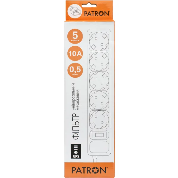 Фильтр сетевой для ИБП 5 розеток, 0,5 м, черный, 3*1мм2 Patron (SP-1052U) - Фото 3