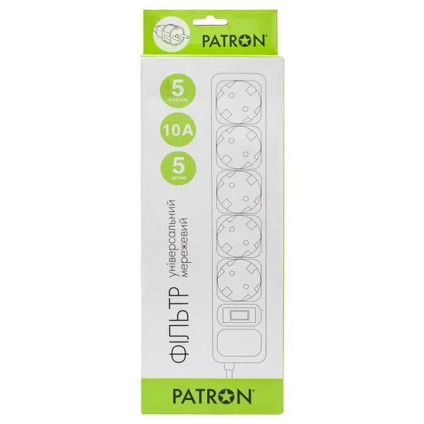Фильтр сетевой 5 розеток, 5 м, черный, 3*1мм2 Patron (SP-1055) - Фото 2