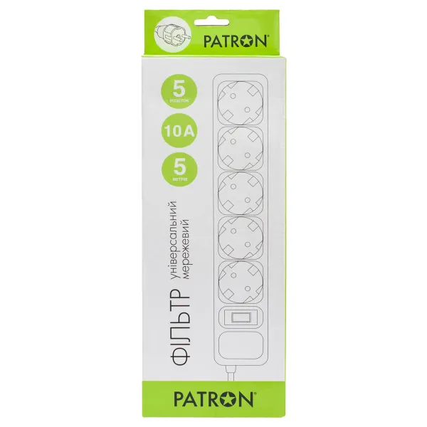 Фильтр сетевой 5 розеток, 5 м, белый, 3*1мм2 Patron (SP-1055W) - Фото 2