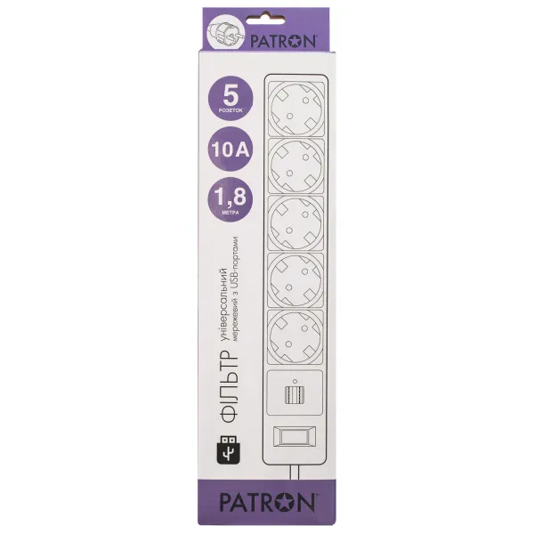 Фільтр мережевий 5 розеток + 2 x USB 2.0 2.1A, 1.8 м, білий Patron (SP-52-USB-W) - Фото 2