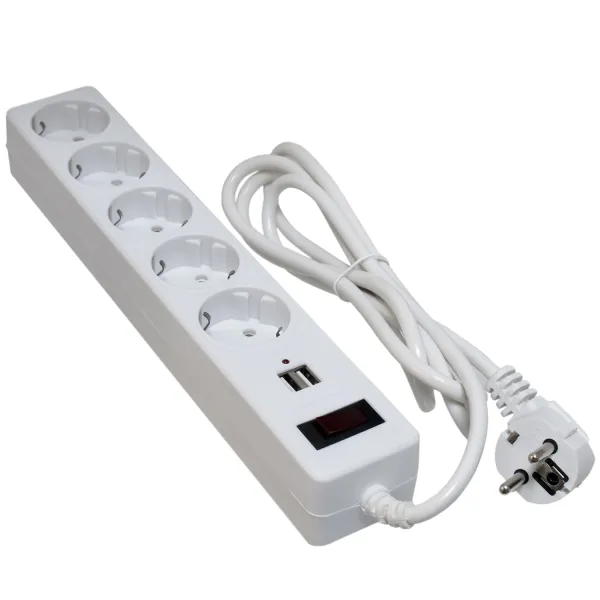 Фильтр сетевой 5 розеток + 2 x USB 2.0 2.1A, 1.8 м, белый Patron (SP-52-USB-W)