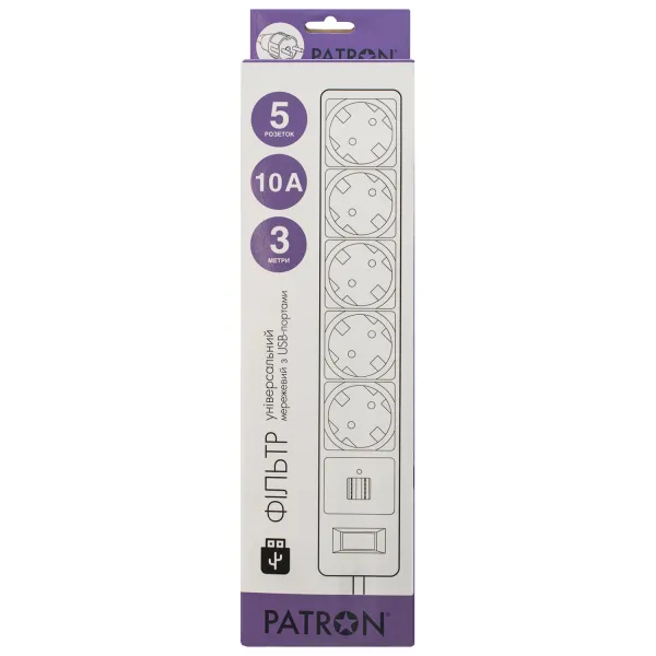 Фильтр сетевой 5 розеток + 2 x USB 2.0 2.1A, 3 м, белый Patron (SP-53-USB-W) - Фото 3