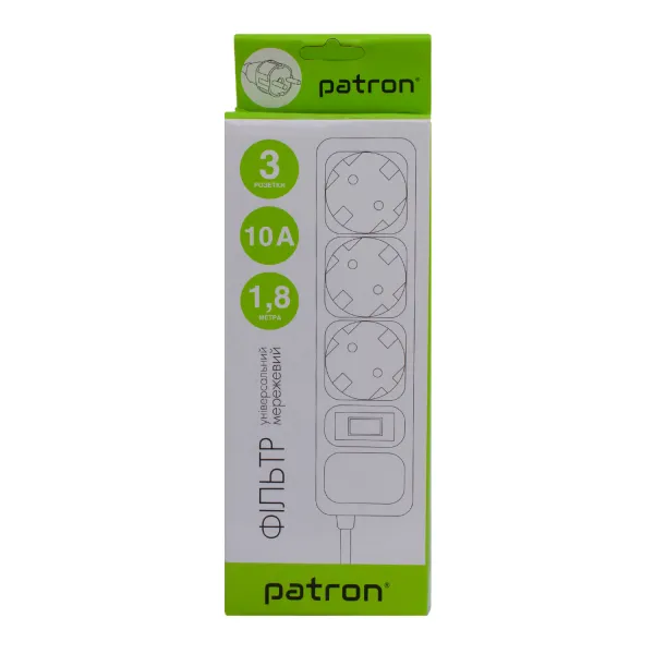 Фильтр сетевой 3 розетки, 1,8 м, 10 А, 250 В, 3*1мм2, серый Patron (SP-1032-GR) - Фото 2