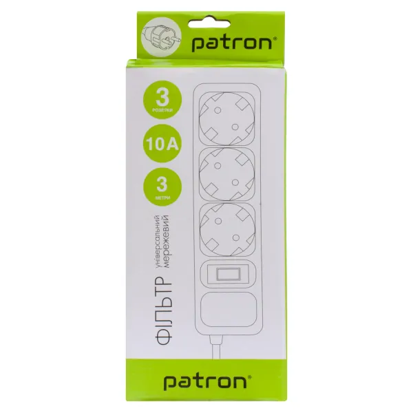 Фильтр сетевой 3 розетки, 3 м, 10 А, 250 В, 3*1мм2, черный Patron (SP-1033) - Фото 2