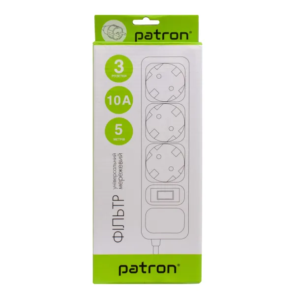 Фильтр сетевой 3 розетки, 5 м, 10 А, 250 В, 3*1мм2, черный Patron (SP-1035) - Фото 2