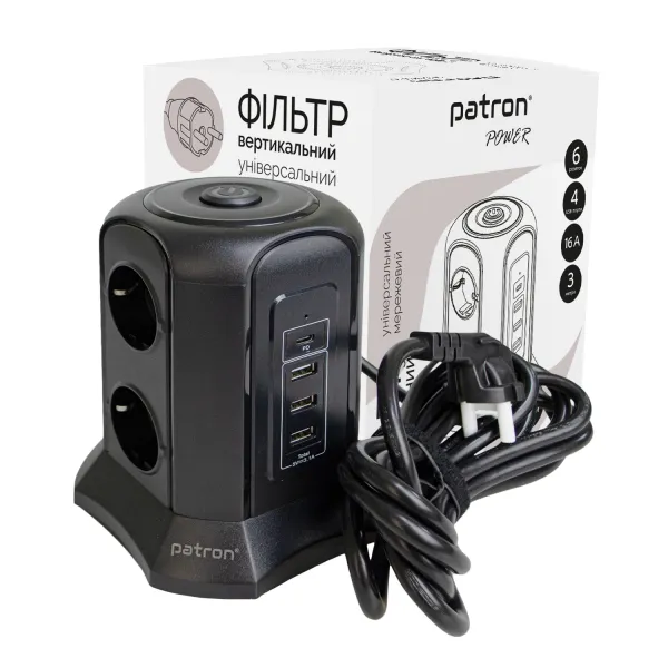 Фільтр мережевий 6 розеток + 3 х USB, 1 х USB-C, вежа, 3 м, 16 А, 250 В, чорний Patron Power (SP-1663-USBT)