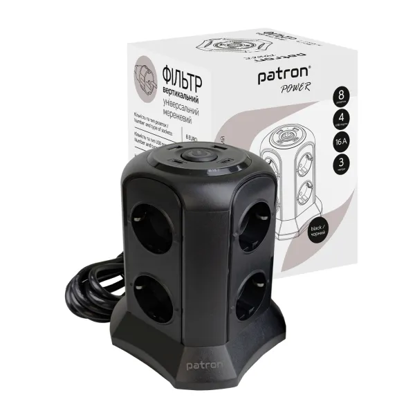 Фільтр мережевий 8 розеток + 2 х USB, 2 x USB-C, вежа, 3 м, 16 А, 250 В, чорний Patron Power (SP-1683-USBT)