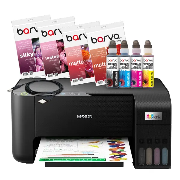 Комплект для друку Printer Kit 4в1 БФП Epson EcoTank L3250, Wi-Fi (C11CJ67412) + Чорнило Barva + Папір Barva + Кабель